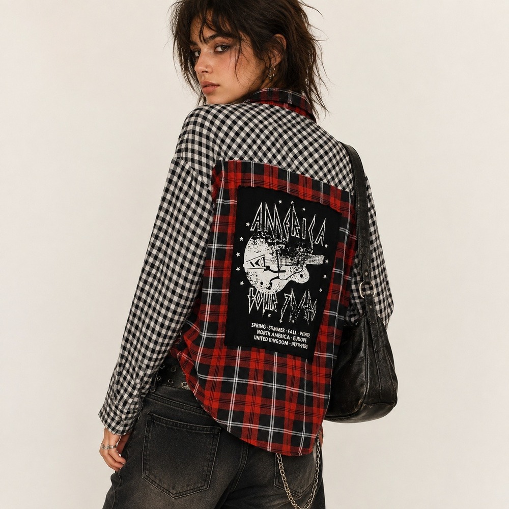 Promesa Mixed Plaid Graphic Patch Shirt Small Grunge Punk Indie Sleaze Red Black